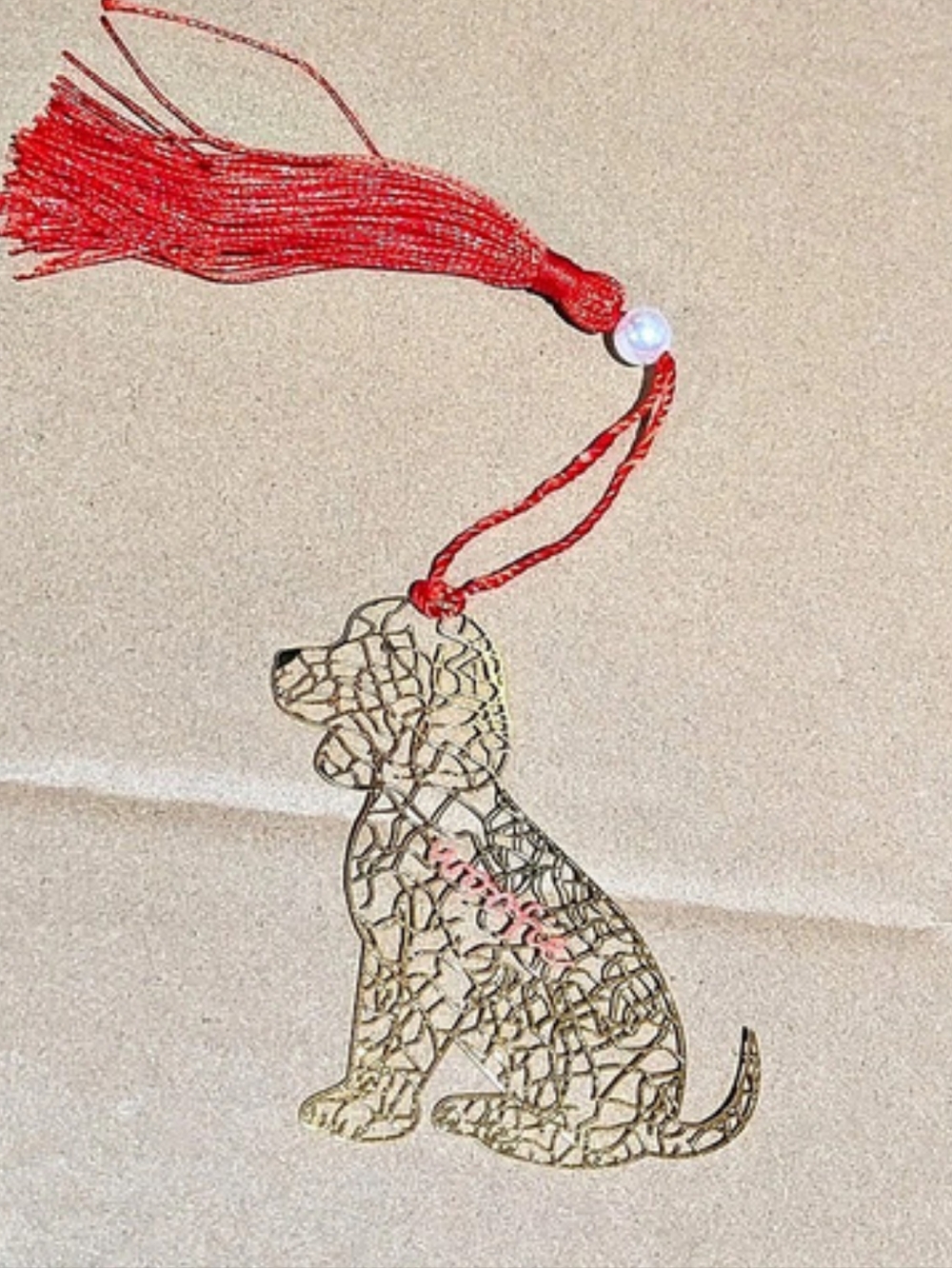 Brand New Gold Filigree Dog Bookmark with Red Tassel